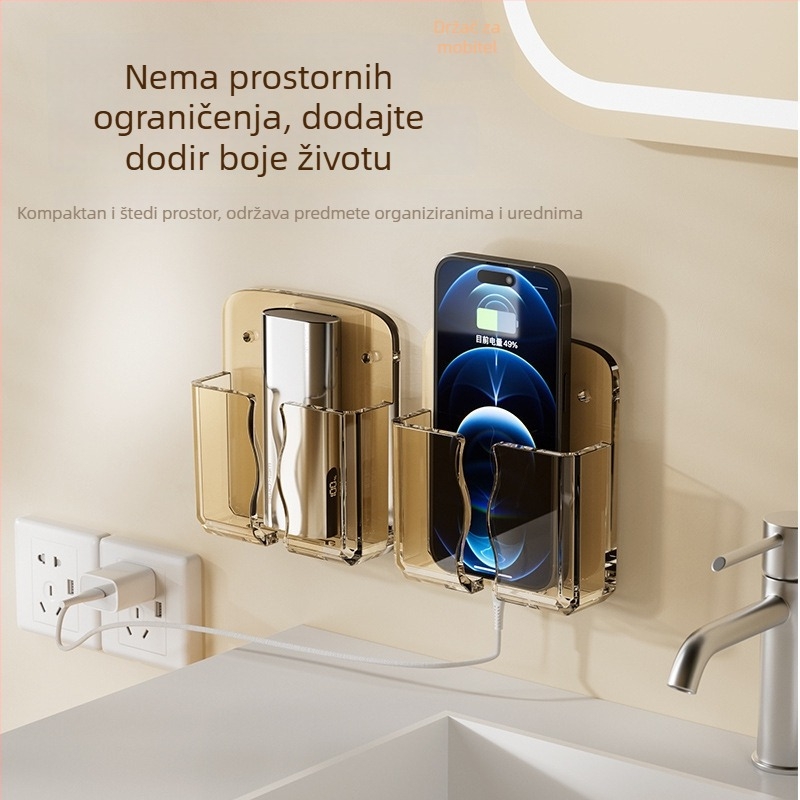 Držač za punjenje telefona, ljepilom montiran na zid bez bušenja, uz krevet, višenamjenski organizator za pohranu