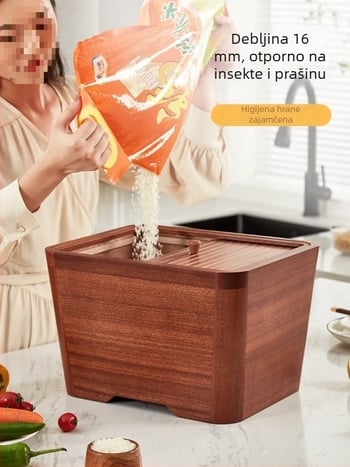 Drveni spremnik za rižu, prehrambene kvalitete, otporan na insekte i vlagu, zatvoren kuhinjski spremnik za skladištenje riže i žitarica; kapacitet 9–10 L.