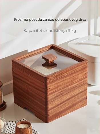 Drveni spremnik za rižu, prehrambene kvalitete, otporan na insekte i vlagu, zatvoren kuhinjski spremnik za skladištenje riže i žitarica; kapacitet 9–10 L.