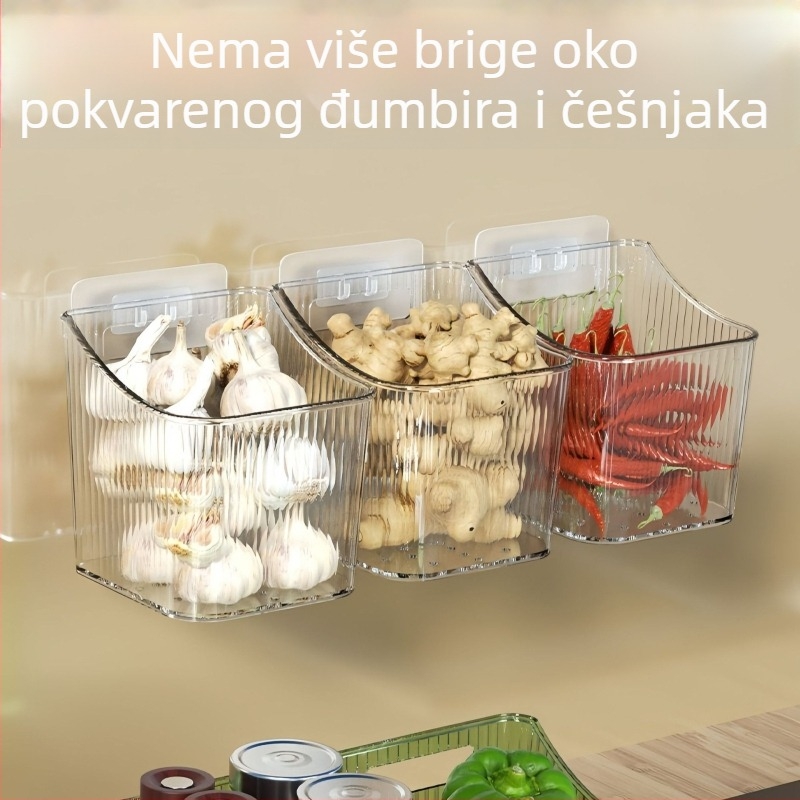 Zidni kuhinjski regal za pohranu s košaricom za luk, češnjak i đumbir te prostorom za začine