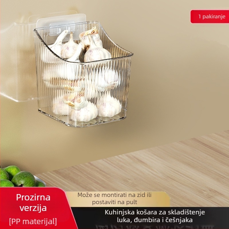 Zidni kuhinjski regal za pohranu s košaricom za luk, češnjak i đumbir te prostorom za začine