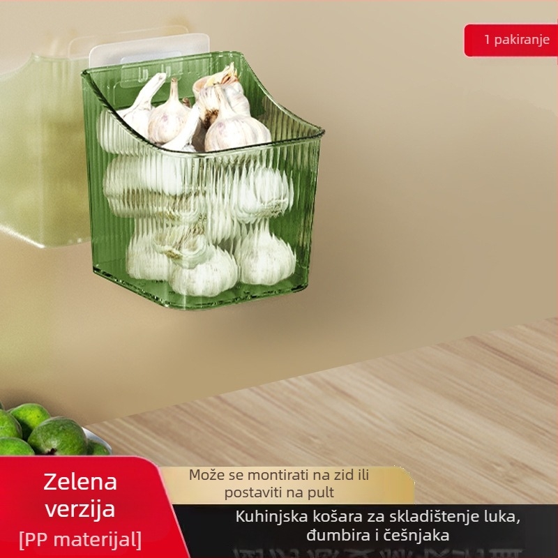 Zidni kuhinjski regal za pohranu s košaricom za luk, češnjak i đumbir te prostorom za začine