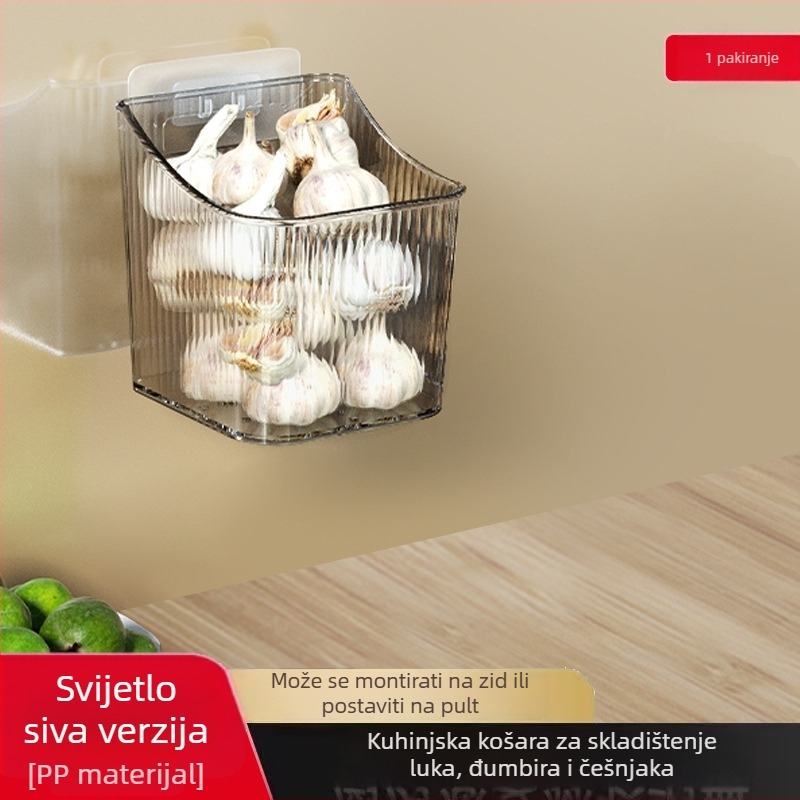 Zidni kuhinjski regal za pohranu s košaricom za luk, češnjak i đumbir te prostorom za začine