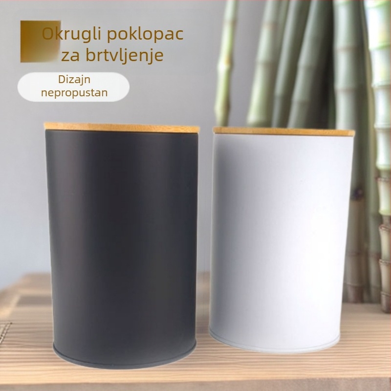 Okrugli metalni poklopac s brtvom i bambusovim poklopcem, za čuvanje kave i čaja, crno-bijela jednobojna verzija