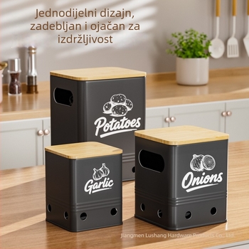 Sklopiva kutija za pohranu s poklopcem od bambusa za kuhinjsko povrće; zaštita od svjetla i očuvanje svježine; četvrtasta metalna kutija za krumpire, luk i češnjak