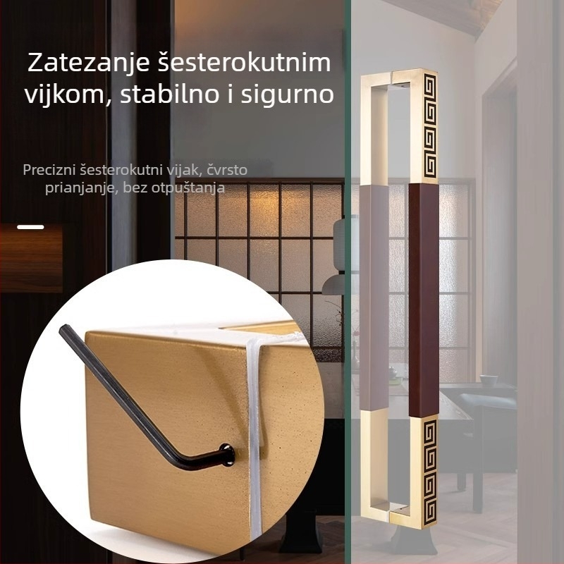 Kvaka za vrata u novokineskom stilu od masivnog drveta za staklena i klizna vrata, nehrđajući čelik, graviran logotip po narudžbi