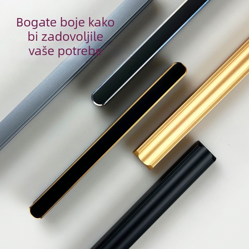 Crna aluminijska kvaka za ormariće – moderni minimalistički stil, zlatna nijansa, produžena za vrata i ladice