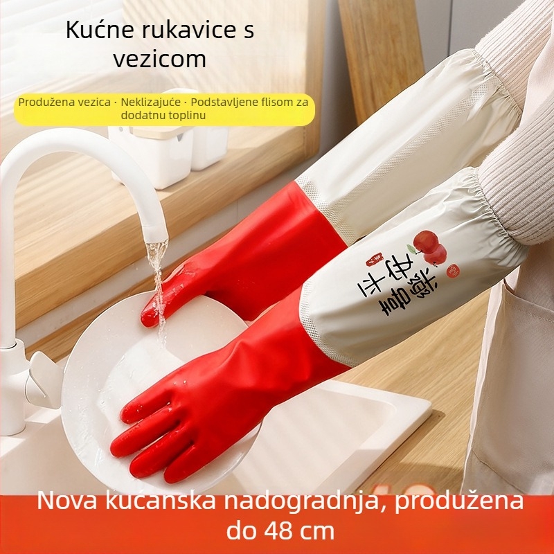 PVC rukavice za pranje suđa s pliš unutarnjom podstavom, vodootporne i otporne na trošenje, duljina 48 cm, kuhinjske rukavice