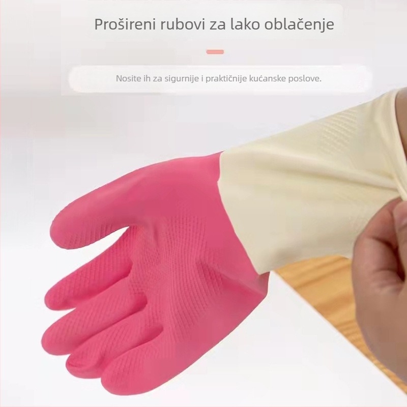 Kućanske lateks rukavice za pranje posuđa – izdržljive, debelo, vodootporne i otporne na habanje; duljina 240 mm; dvobojni uzorak; za kuhinju i čišćenje.