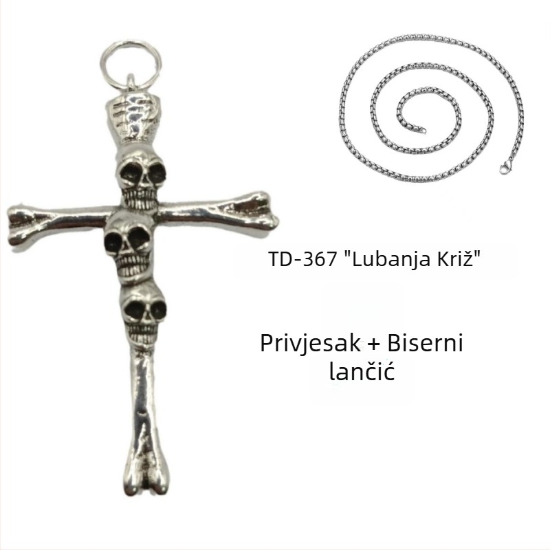 Srebrna ogrlica s privjeskom lobanje i križa – muški punk stil