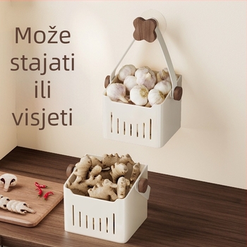 Organizator kuhinje od orašćevog drveta za luk, đumbir i češnjak — zidni koš s usisnom čepom, bez bušenja