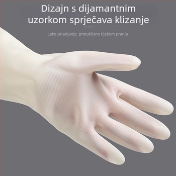 Dugačke, guste gumene rukavice za kućnu upotrebu, kuhinju, pranje posuđa i rublja, s ugrađenom petljom za vješanje.