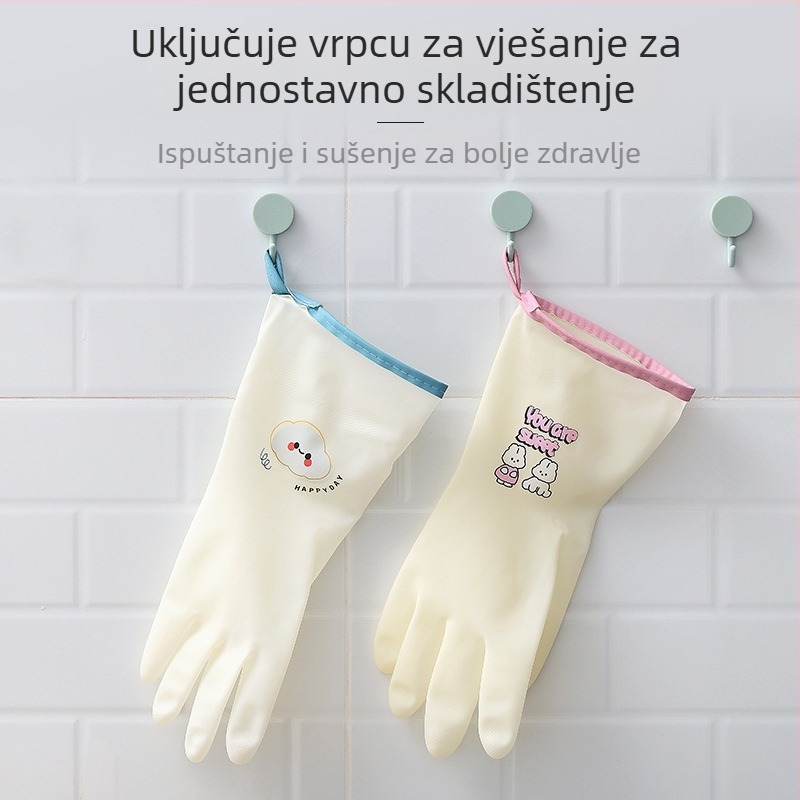 Dugačke, guste gumene rukavice za kućnu upotrebu, kuhinju, pranje posuđa i rublja, s ugrađenom petljom za vješanje.