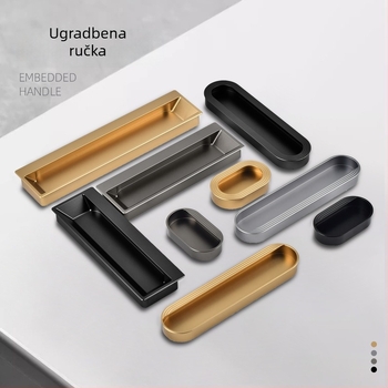 Ugradbena ručka za ormariće i ladice, aluminijski spoj, mat završna obrada. Veličine 65 mm, 150 mm, 200 mm. Jednostruka ili dvostruka vodilica. Završeci: brass gold, gun gray, gentleman gray, matte black.