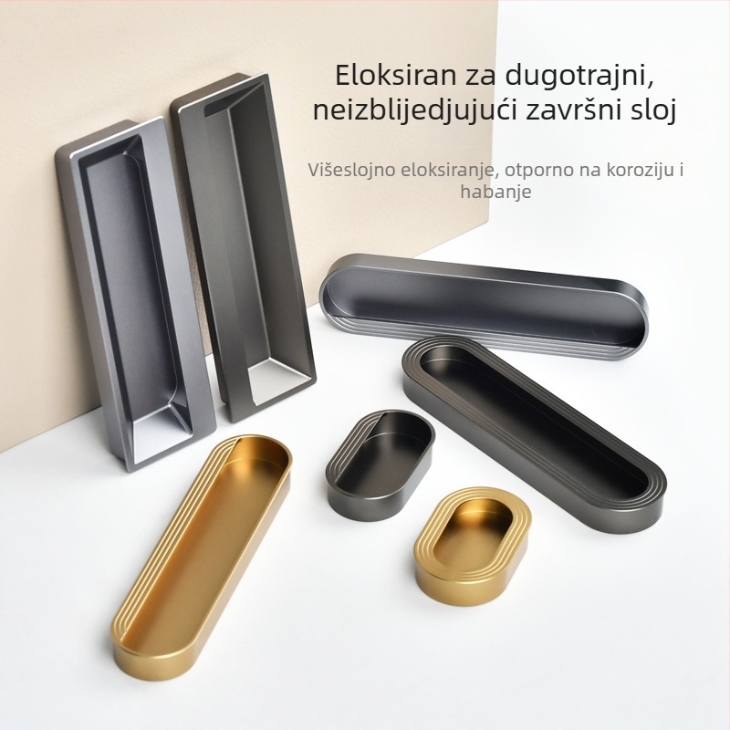 Ugradbena ručka za ormariće i ladice, aluminijski spoj, mat završna obrada. Veličine 65 mm, 150 mm, 200 mm. Jednostruka ili dvostruka vodilica. Završeci: brass gold, gun gray, gentleman gray, matte black.