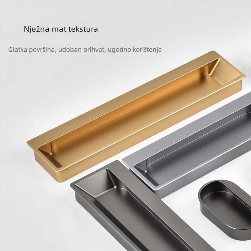 Ugradbena ručka za ormariće i ladice, aluminijski spoj, mat završna obrada. Veličine 65 mm, 150 mm, 200 mm. Jednostruka ili dvostruka vodilica. Završeci: brass gold, gun gray, gentleman gray, matte black.