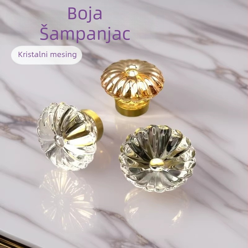 Kristalna mesingana ručka za ormar, jednostavan francuski stil, završetak šampanjasto zlatni, montaža bez bušenja