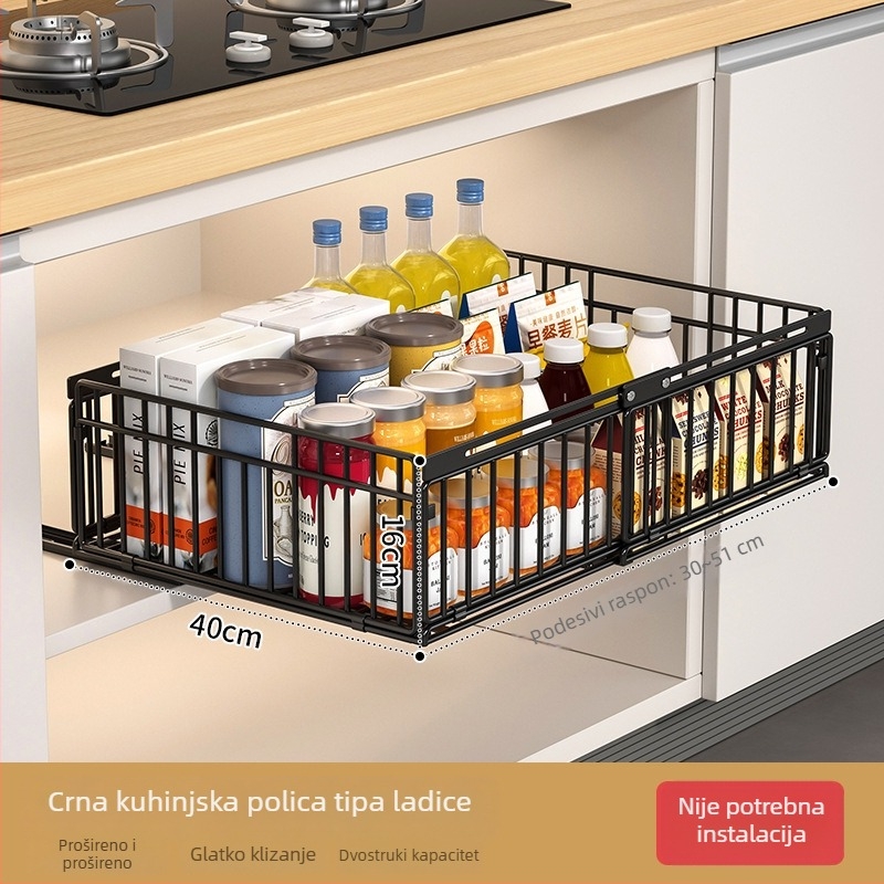 Nova proširiva kuhinjska polica za pohranu s ladicom za posuđe i košaricom za začine, integrirana ladica ispod sudopera