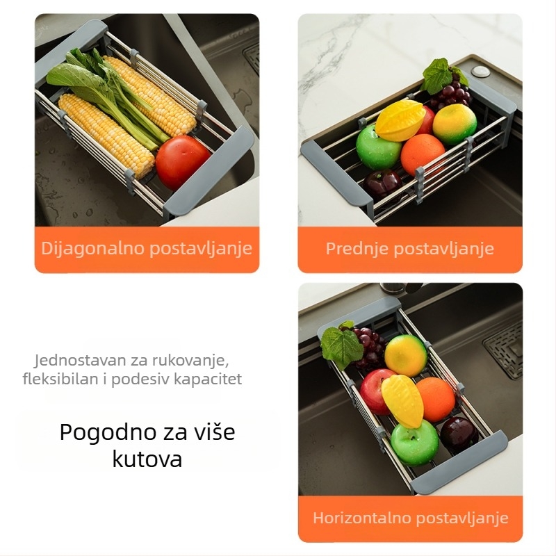 Proširiva odvodna korpa za sudoperu, nehrđajući čelik, kuhinjski organizator za voće i povrće
