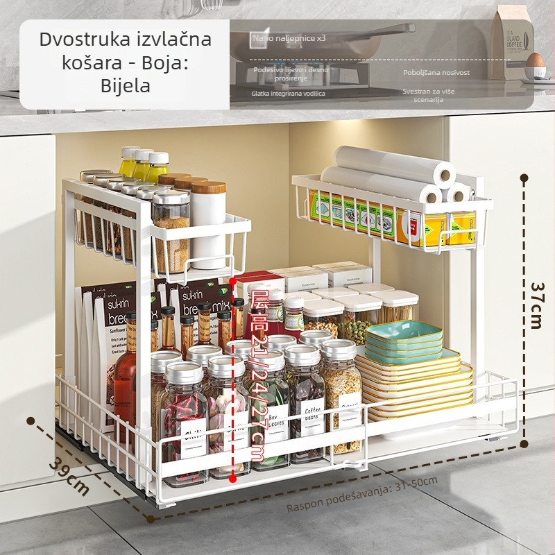Izvlačni organizator kuhinjskog ormarića, ladica-tipa, dvostruki držač za začine, povlačni ispod sudopera