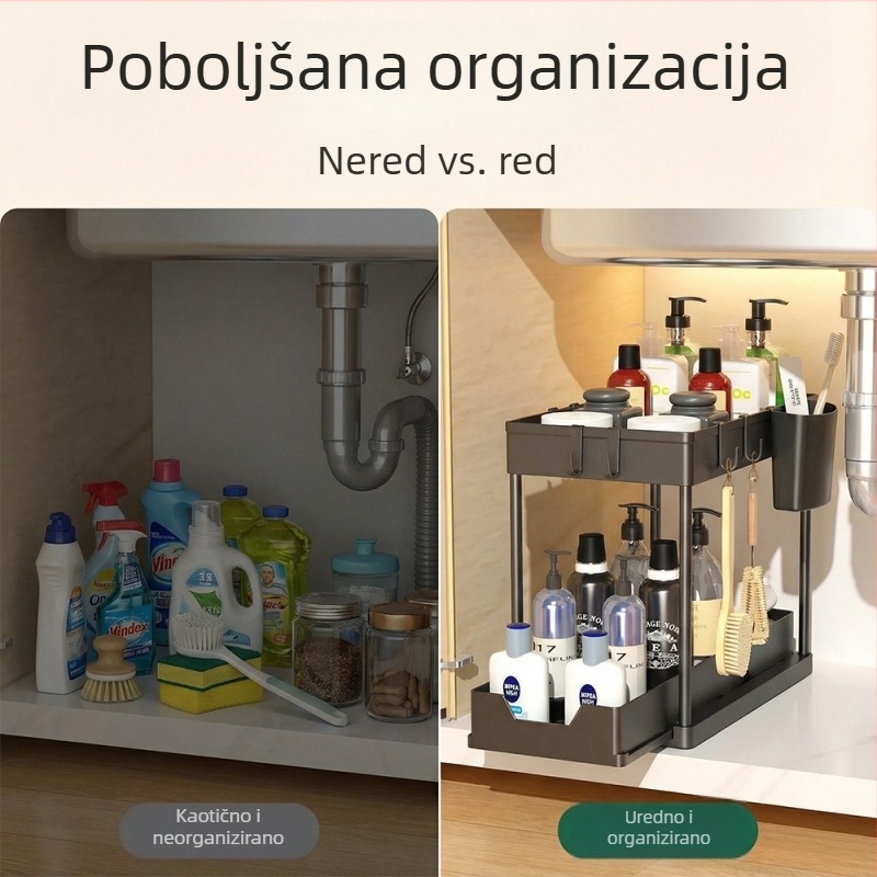 Dvostruki izvučni skladišni stalak za sudoperu i radnu ploču, plastični organizator za kuhinju i kupaonu