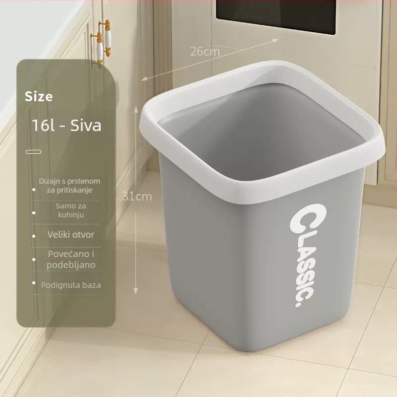 Kuhinjski kućni kantu za smeće velikog kapaciteta, kvadratni plastični koš za kuhinju, dnevni boravak, kupaonicu, WC, spavaću sobu i ured, s prstenom za pritiskom