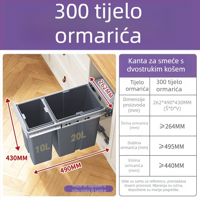 Ugrađeni kuhinjski otpadni koš u ormariću, dvostruki izvlačni koš s poklopcem, skriveni spremnik za odvajanje suhih i mokrih otpada