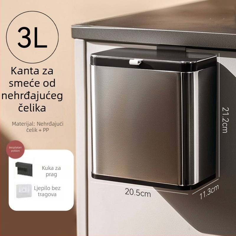 Koš za smeće od nehrđajućeg čelika, zidni nosač bez bušenja, kuhinja, s poklopcem, dvostruki spremnik (unutarnji i vanjski)