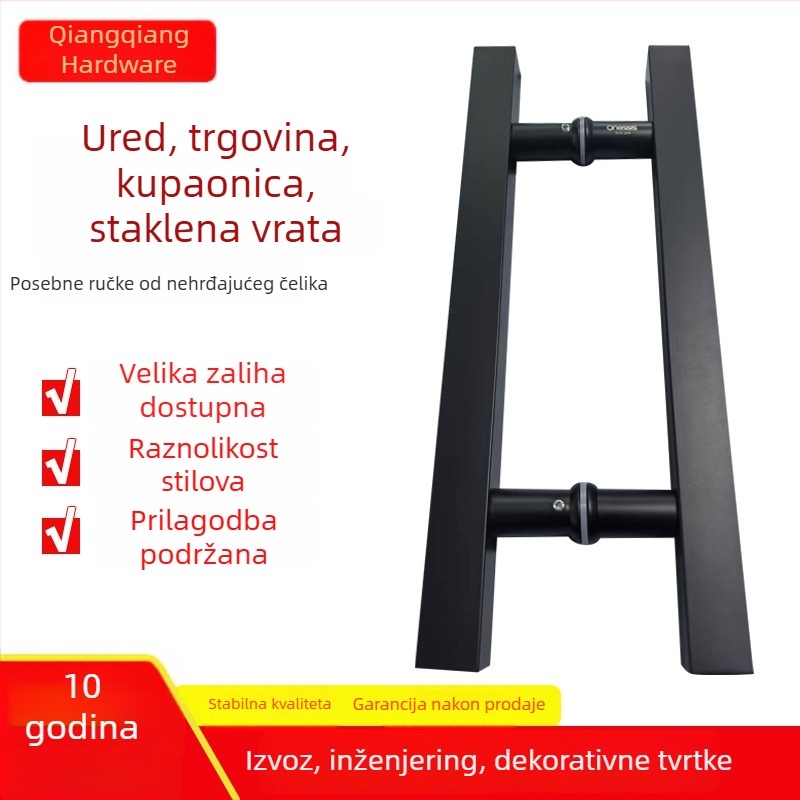 Crna lakirana ručica za staklena vrata, od nehrđajućeg čelika, kvadratni profil