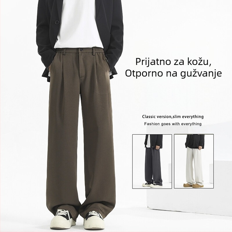 Muške hlače kave boje s drapiranim krojem za proljeće–jesen–zimu, moderni američki retro stil, široke nogavice, svakodnevne hlače
