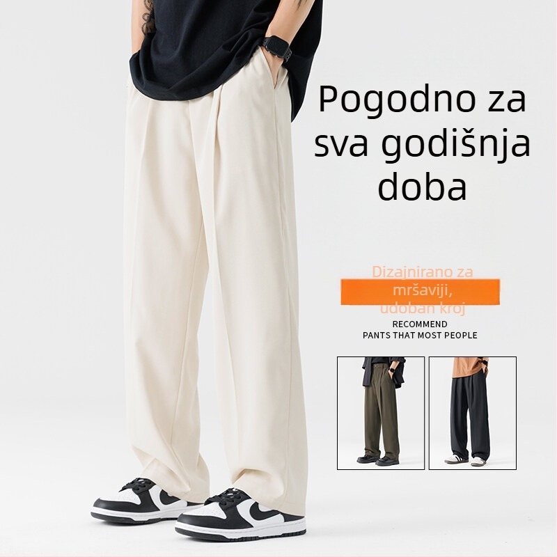 Ljetne tanke muške hlače s opuštenim ravnim krojem, crne casual hlače s elastičnim pojasom