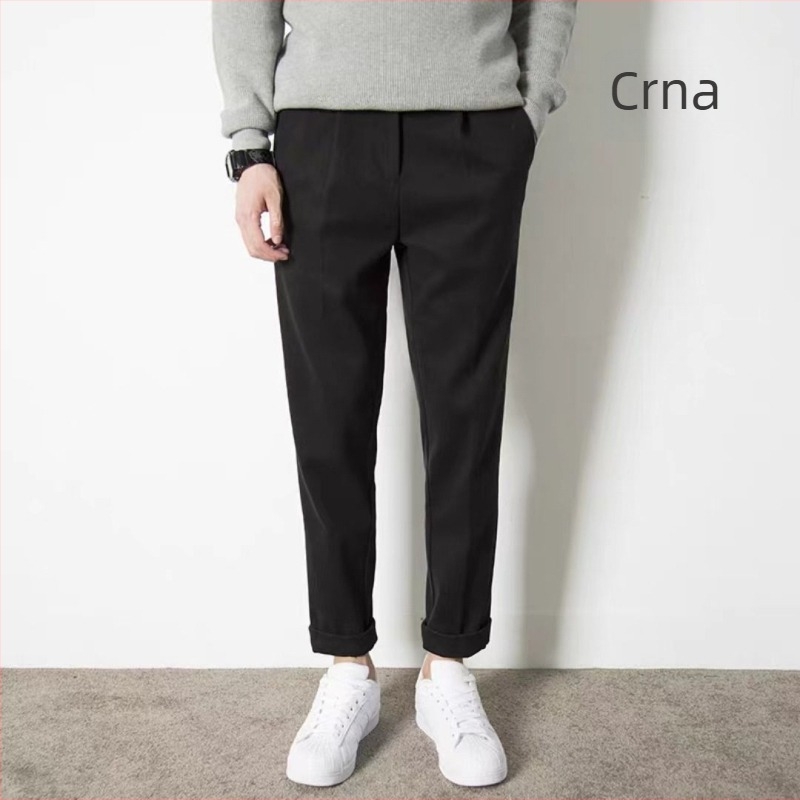Muške vunene hlače za jesen-zimu, ravni kroj, slim-fit s drapiranom siluetom, korejski minimalistički dizajn, elastične, bočna kopča, duljina 9/10