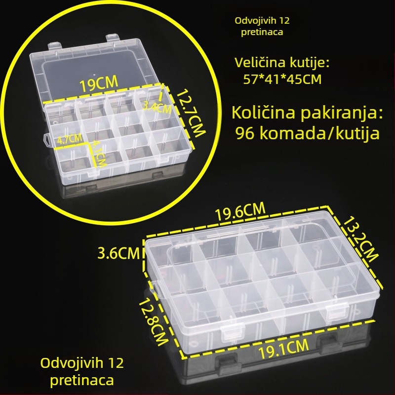 Odvojiva PP plastična kutija s poklopcem, 12 pretinaca, za perle, nakit, ribarske dodatke, električne dijelove i umjetnost noktiju