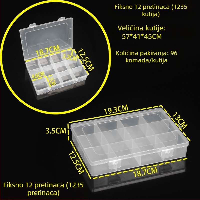 Odvojiva PP plastična kutija s poklopcem, 12 pretinaca, za perle, nakit, ribarske dodatke, električne dijelove i umjetnost noktiju