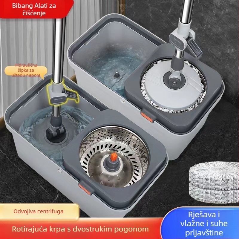 Set mop i kanta za kućnu upotrebu s rotacijskim mehanizmom, suho i mokro čišćenje, mikrovlakana glavica, nehrđajući čelični nastavak.