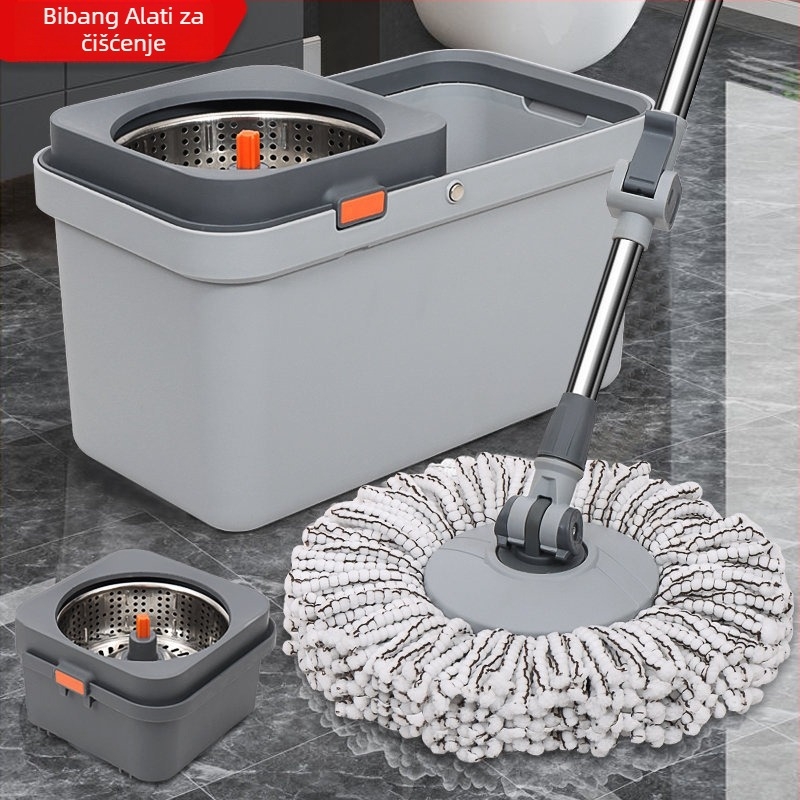Set mop i kanta za kućnu upotrebu s rotacijskim mehanizmom, suho i mokro čišćenje, mikrovlakana glavica, nehrđajući čelični nastavak.
