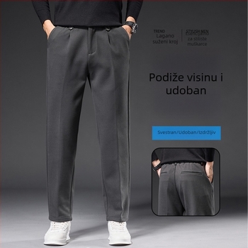 Muške jesenske casual hlače sive boje, s drapiranim efektom, otporne na nabiranje, ravni kroj, skraćena duljina