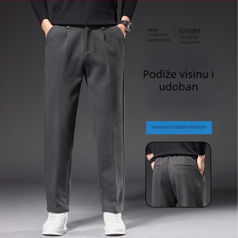 Muške jesenske casual hlače sive boje, s drapiranim efektom, otporne na nabiranje, ravni kroj, skraćena duljina
