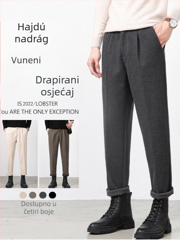 Muške cropped hlače od vune za jesen-zimu, luksuzne debele ravne hlače za odijelo s drapiranim siluetom, tople i svakodnevne
