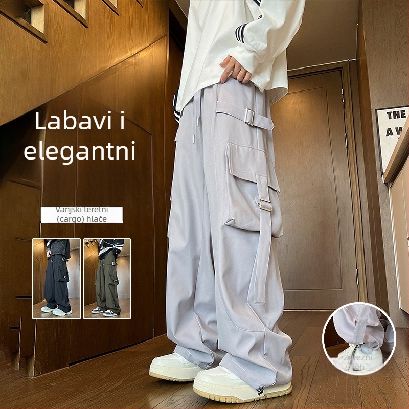 Muške hlače u stilu američkog streetweara, casual/workwear, opuštena silueta, ravne i široke nogavice s drapom, za proljeće i jesen.