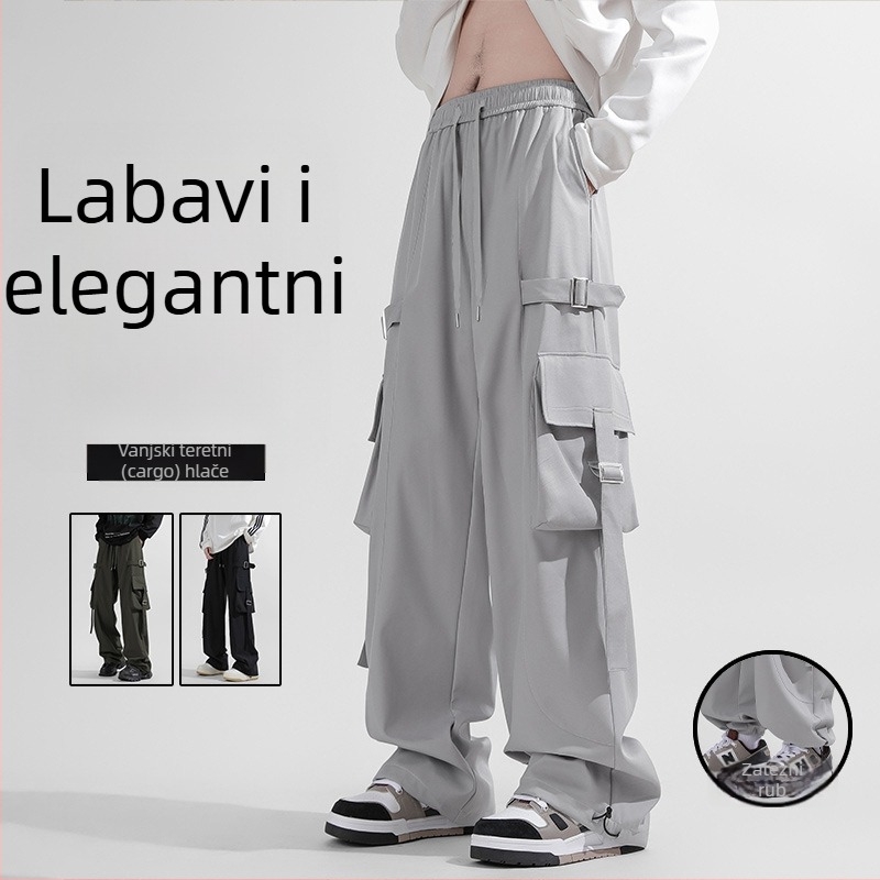 Muške hlače u stilu američkog streetweara, casual/workwear, opuštena silueta, ravne i široke nogavice s drapom, za proljeće i jesen.