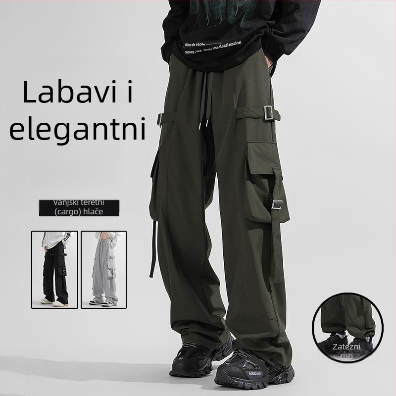 Muške hlače u stilu američkog streetweara, casual/workwear, opuštena silueta, ravne i široke nogavice s drapom, za proljeće i jesen.