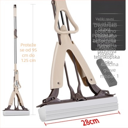 Meijie gumasto-pamučni mop s nehrđajućom čeličnom šipkom, upijajuća spužasta glava, ručno pranje, sklopivi iscijeđivač, teleskopska ručka 94–123 cm, glava 28 cm, 5 godina vijeka, 80–90% dehidracije