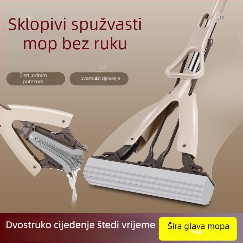 Meijie gumasto-pamučni mop s nehrđajućom čeličnom šipkom, upijajuća spužasta glava, ručno pranje, sklopivi iscijeđivač, teleskopska ručka 94–123 cm, glava 28 cm, 5 godina vijeka, 80–90% dehidracije