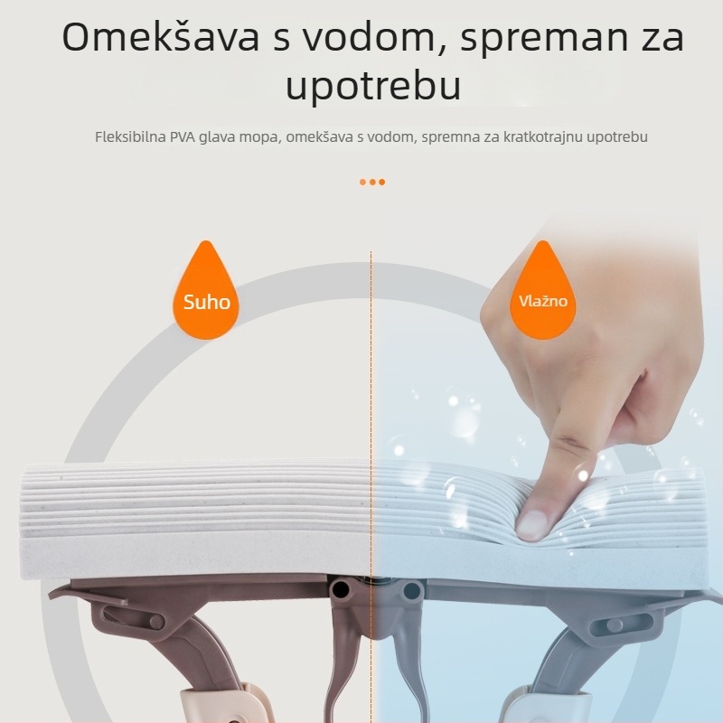 Meijie gumasto-pamučni mop s nehrđajućom čeličnom šipkom, upijajuća spužasta glava, ručno pranje, sklopivi iscijeđivač, teleskopska ručka 94–123 cm, glava 28 cm, 5 godina vijeka, 80–90% dehidracije
