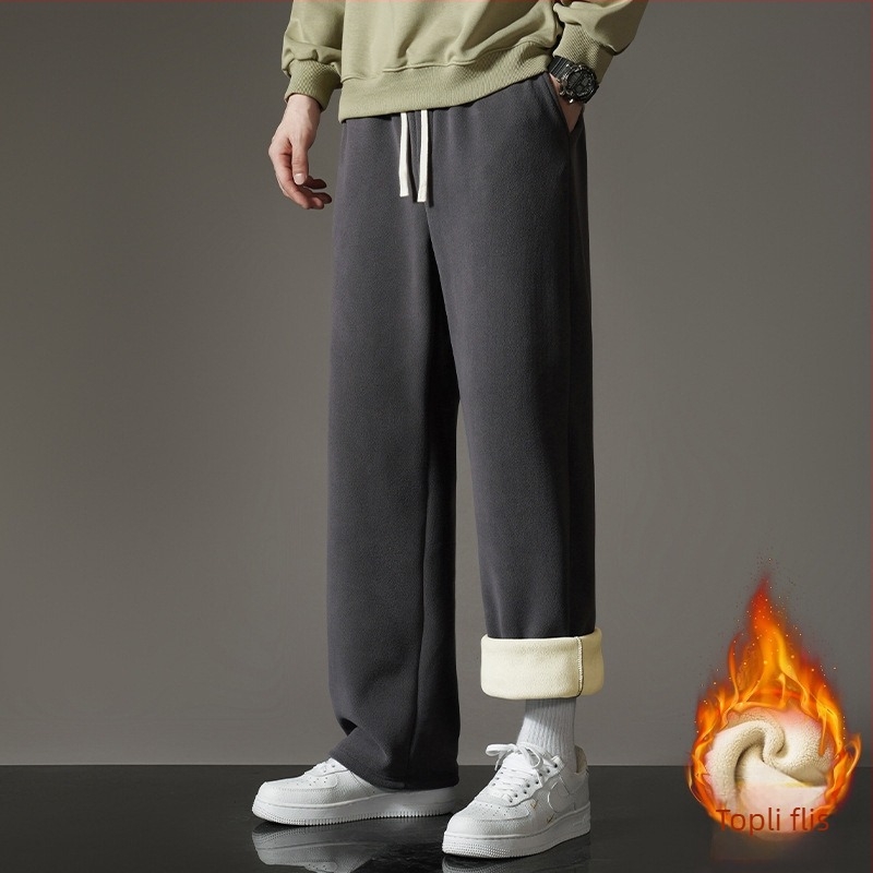 Muške zimske hlače od flisa, ravnog kroja, s remenom i dekorativnim zakrpama, casual sportski stil, 100% poliester