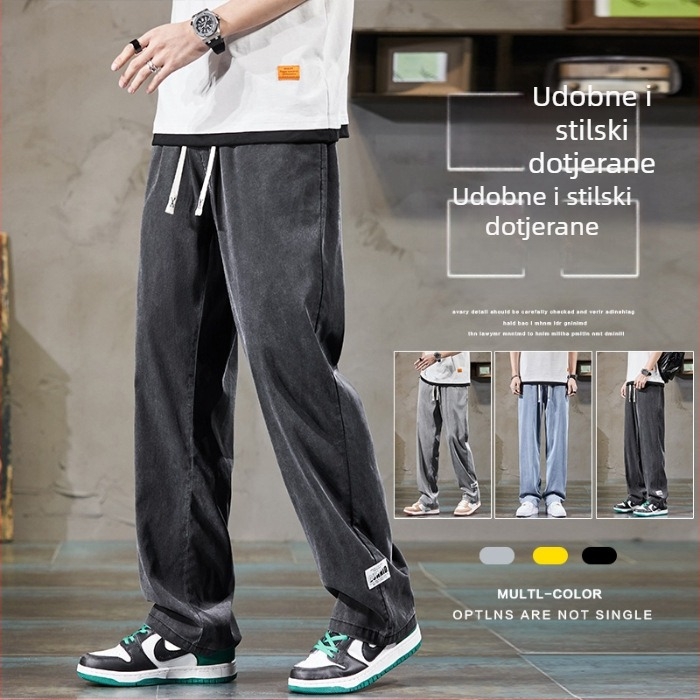 Muške široke hlače s casual stilom, japansko–hongkonški street stil, elastični pojas i vezica, prozračni poliester, lagane za ljeto