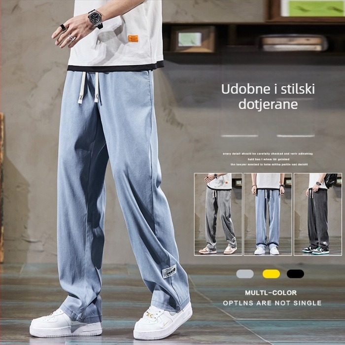 Muške široke hlače s casual stilom, japansko–hongkonški street stil, elastični pojas i vezica, prozračni poliester, lagane za ljeto