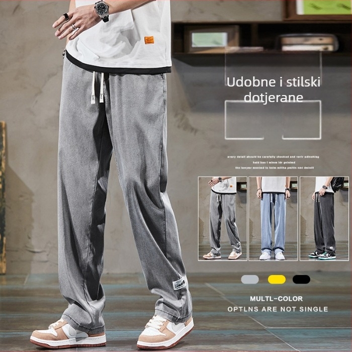 Muške široke hlače s casual stilom, japansko–hongkonški street stil, elastični pojas i vezica, prozračni poliester, lagane za ljeto