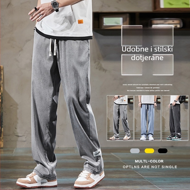 Muške široke hlače s casual stilom, japansko–hongkonški street stil, elastični pojas i vezica, prozračni poliester, lagane za ljeto